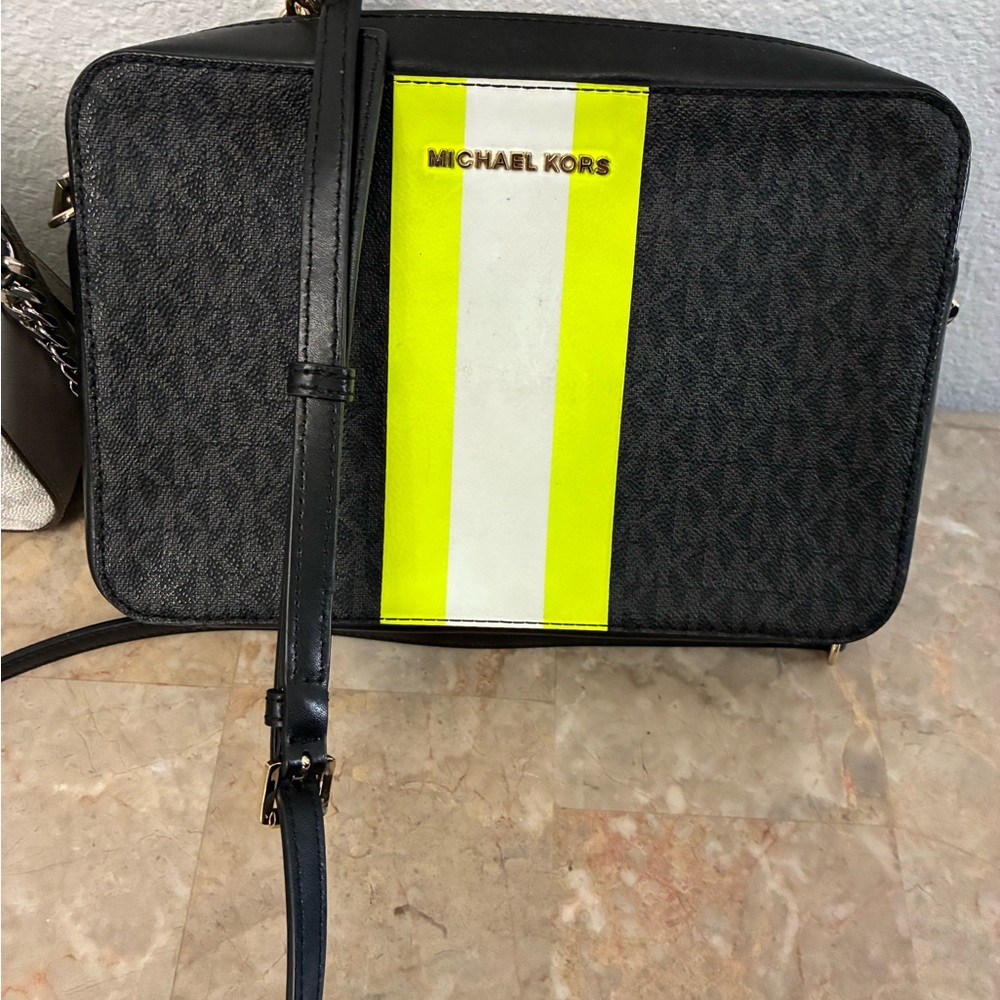 Michael Kors Black Crossbody with Neon Yellow and White Center Stripe